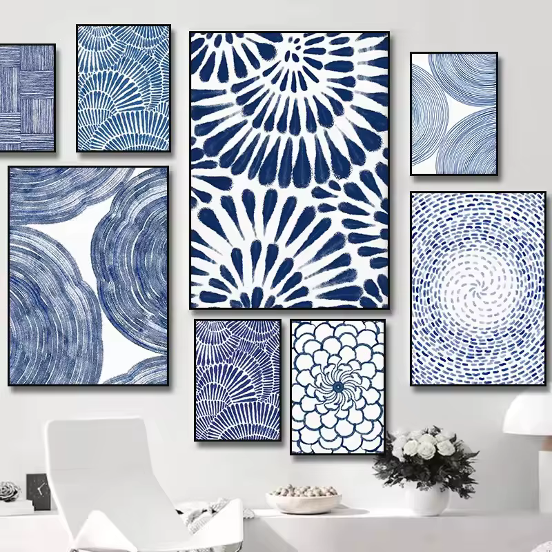 Affiche de fleur à points de ligne bleue aquarelle minimaliste