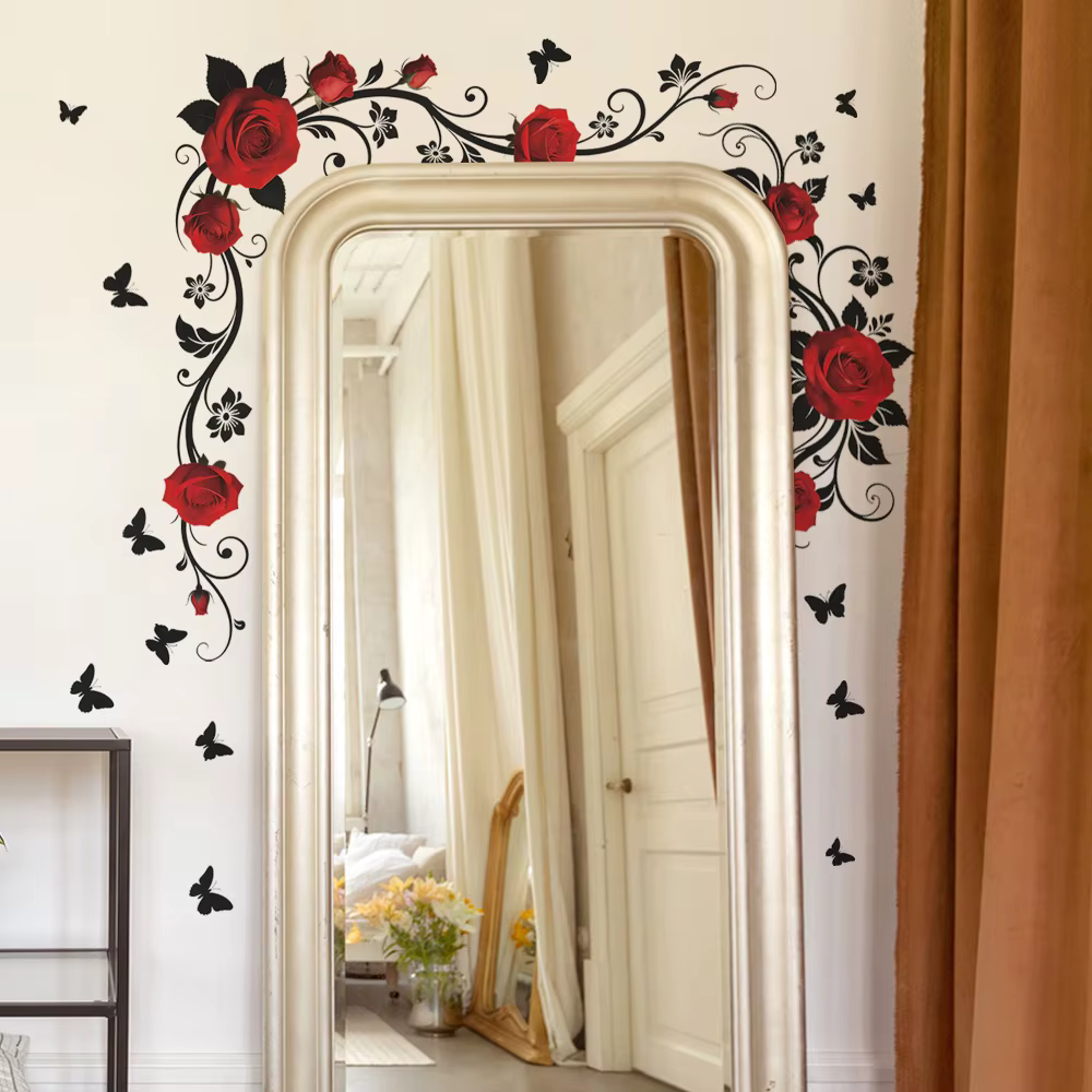Sticker mural papillon et fleurs rouges