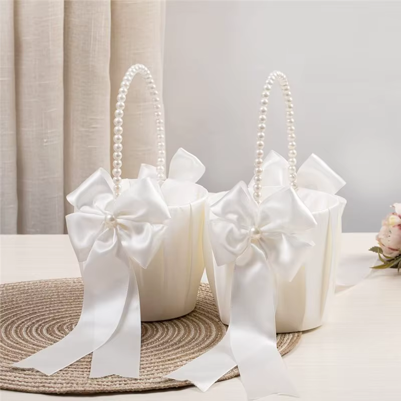 Panier à fleurs pour demoiselles d'honneur BSEVB avec nœud en satin et poignée en perles