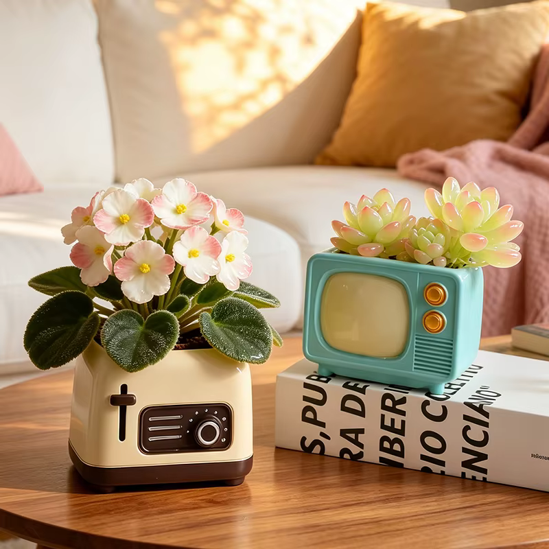 Pot de fleurs vintage en résine en forme de téléviseur