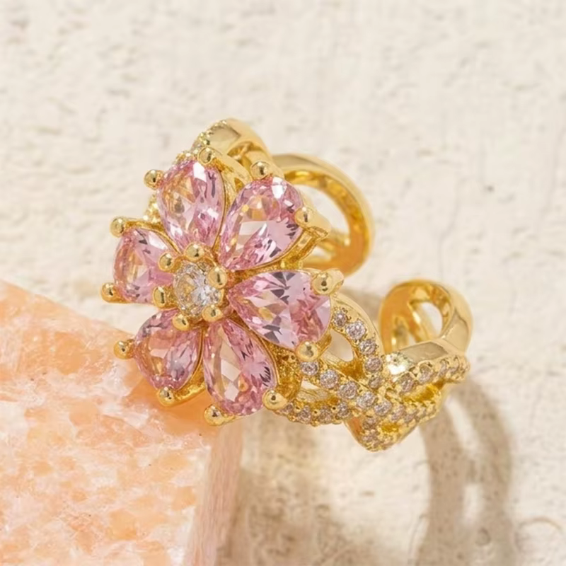 Ensemble de bagues ouvertes réglables en forme de fleur rose avec pierres en zircone cubique pour un usage quotidien et pour les fêtes, cadeau idéal pour les femmes