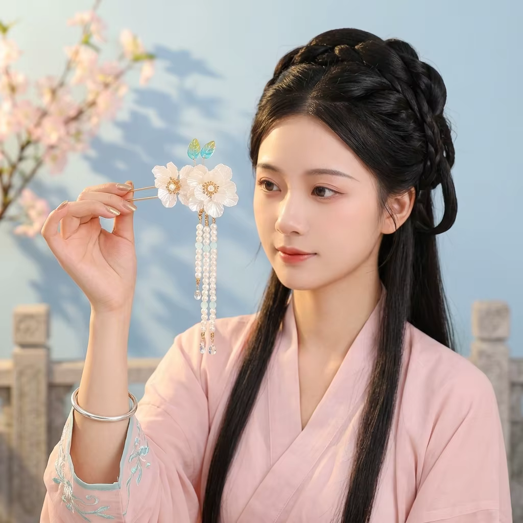 Accessoire de cheveux de mariée, style chinois vintage, épingle à cheveux à fleur blanche et pompon pour mariage, Hanfu, fête, coiffure quotidienne, cadeau
