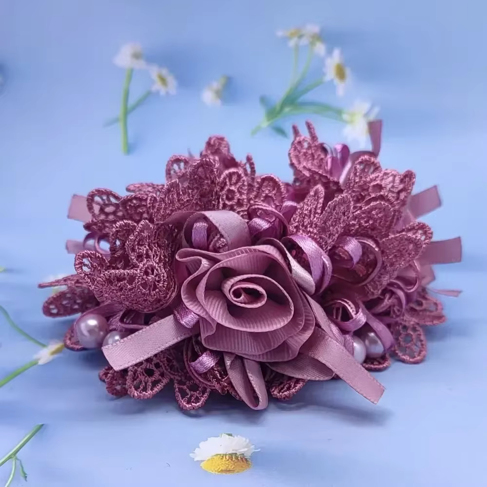 Élastique à cheveux élégant en forme de rose avec dentelle, couleur unie, accessoires pour cheveux
