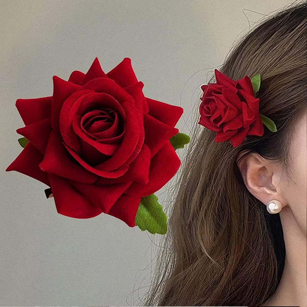 Pince à cheveux fleur rose rouge rétro pour femme, épingle à cheveux artificielle, pince latérale, coiffure en cordon pour patients, accessoires pour cheveux de mariage