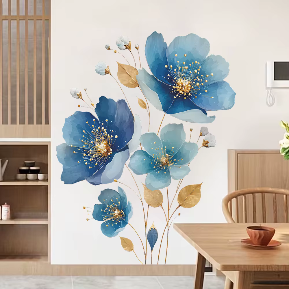 Autocollant mural floral bleu doré.