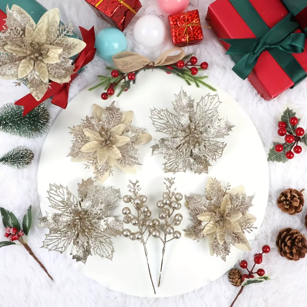 Bouquet de fleurs de noël artificielles et de baies à paillettes