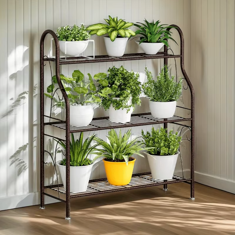 Étagère polyvalente robuste en fer forgé à 3 niveaux – Support de rangement au sol à assemblage facile pour les
