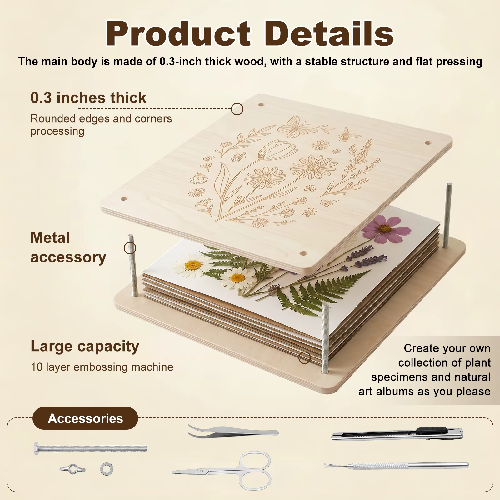 Kit de presse à fleurs 11"x11" DIY, kit professionnel de pressage de fleurs et de feuilles, outil de pressage de plantes en bois à 10 couches pour l'artisanat