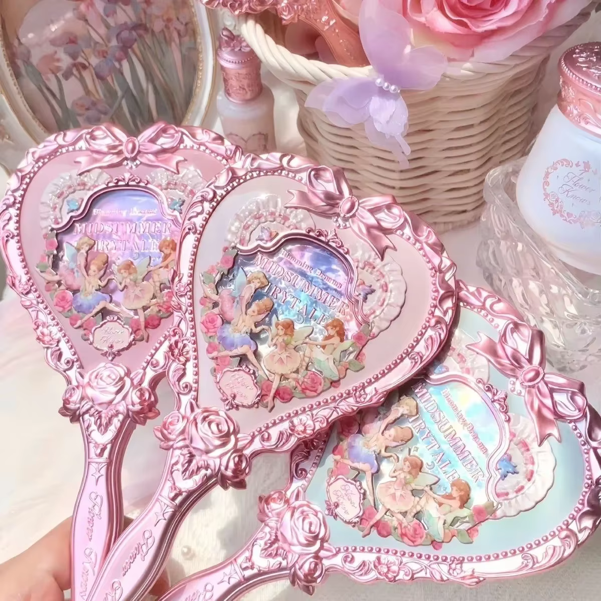 Flower Knows – Collection de contes de fées d'été, miroir à main vert menthe, maquillage exquis, miroir rose laiteux