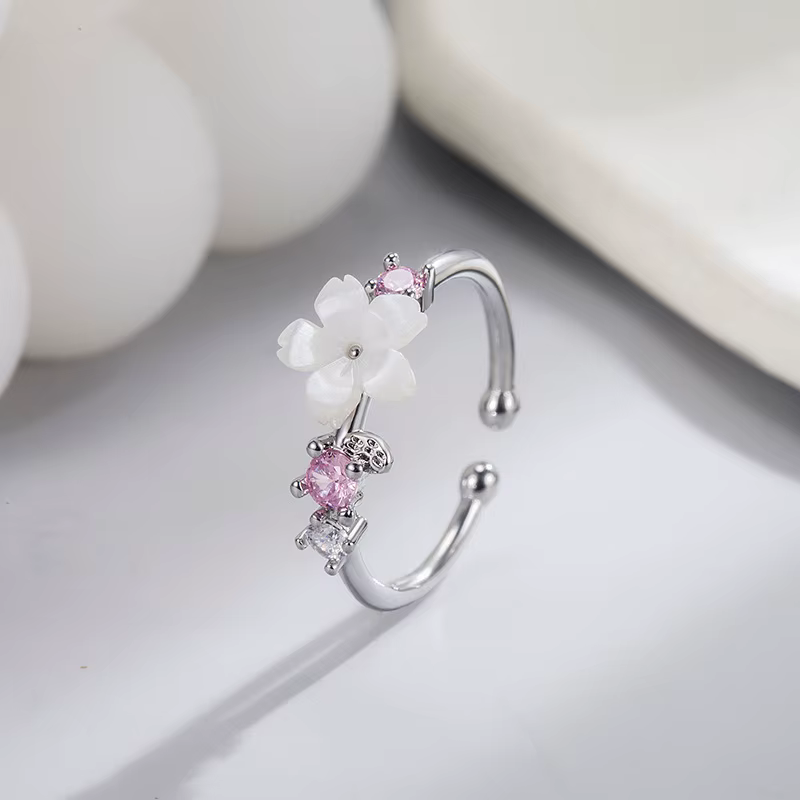 Bagues à fleurs romantiques roses pour femmes, Zircon brillant, branche de fleur de cerisier, coquille, bijoux esthétiques de mariage et de noël