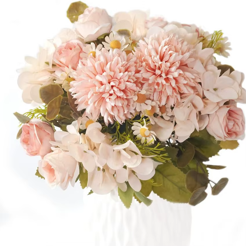 Fleurs artificielles De Mariage Maison Chambre Décor De Table Bouquet De Mariée Jardin YardFake Soie Roses Hortensias Vase pour Conseil À L'extérieur