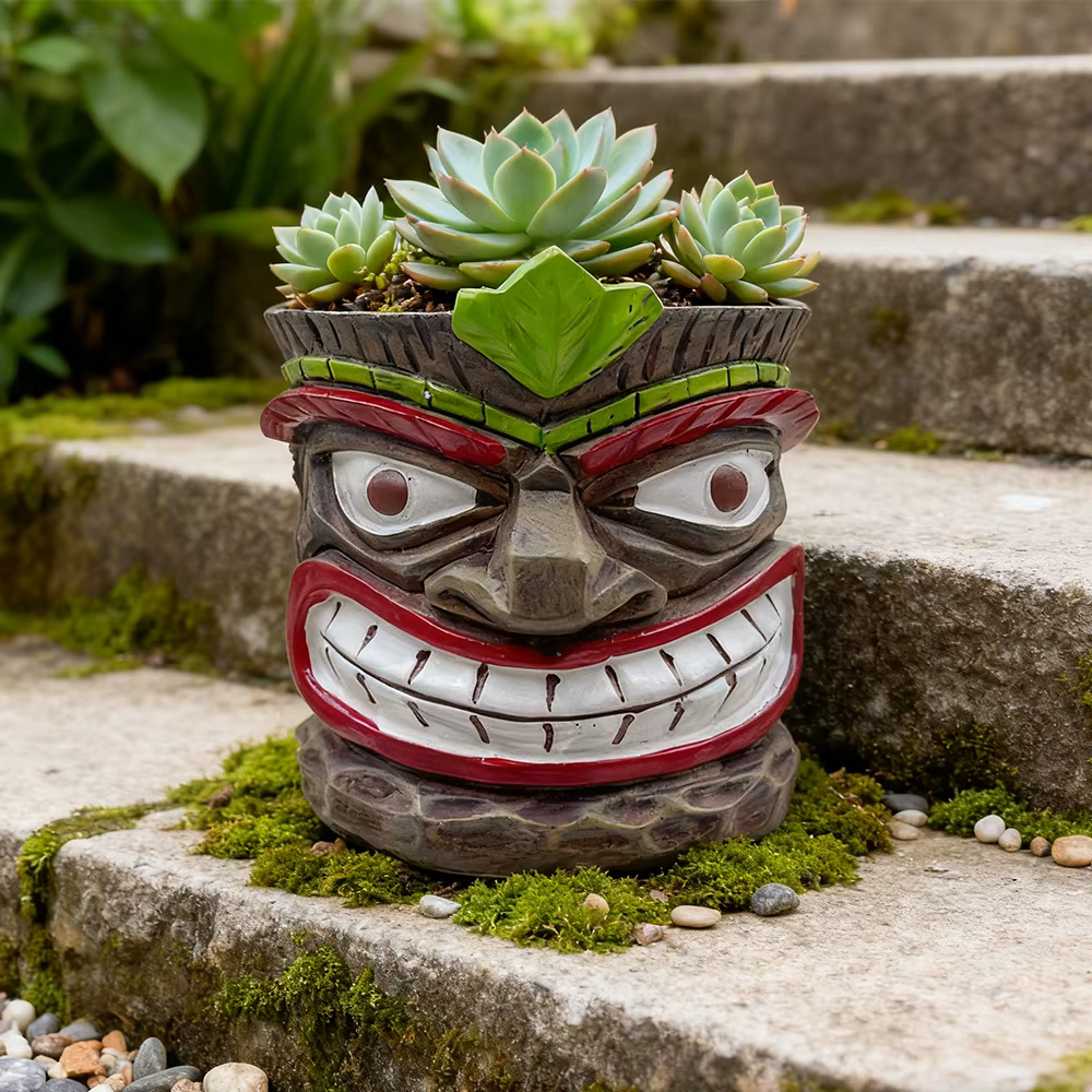 Pot de fleurs d'intérieur amusant en forme de tête de Tiki, pot à succulentes humoristique, adorable pot de fleurs de l'île de Pâques, pot de fleurs en résine au visage distinctif