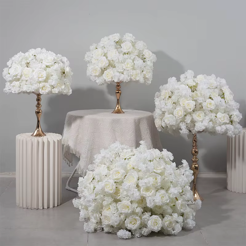 Boule de fleurs artificielles blanches de 80 cm en cerisier et roses pour décoration de table de mariage, porte-bougie, dîner de la Saint-Valentin