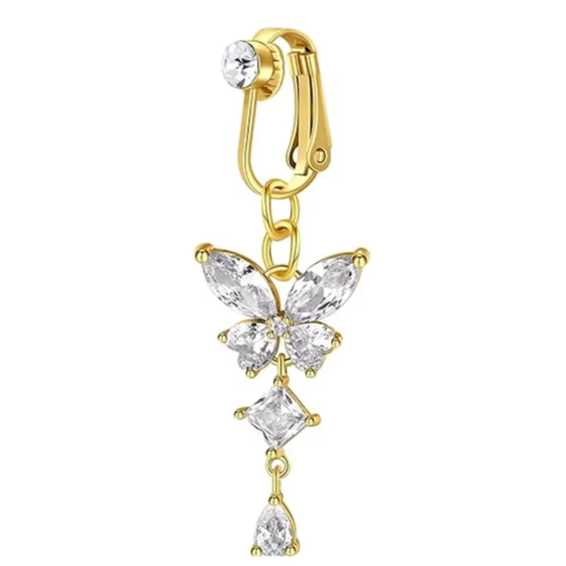 Clip sur nombril anneau papillon cuivre Zircon rose faux ventre Piercing ombilical nombril corps bijoux à la mode Style