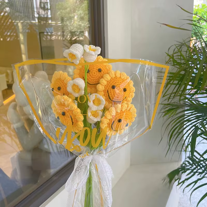 Bouquet de tournesol au crochet en laine fait à la main – 1 branche unique avec visage souriant