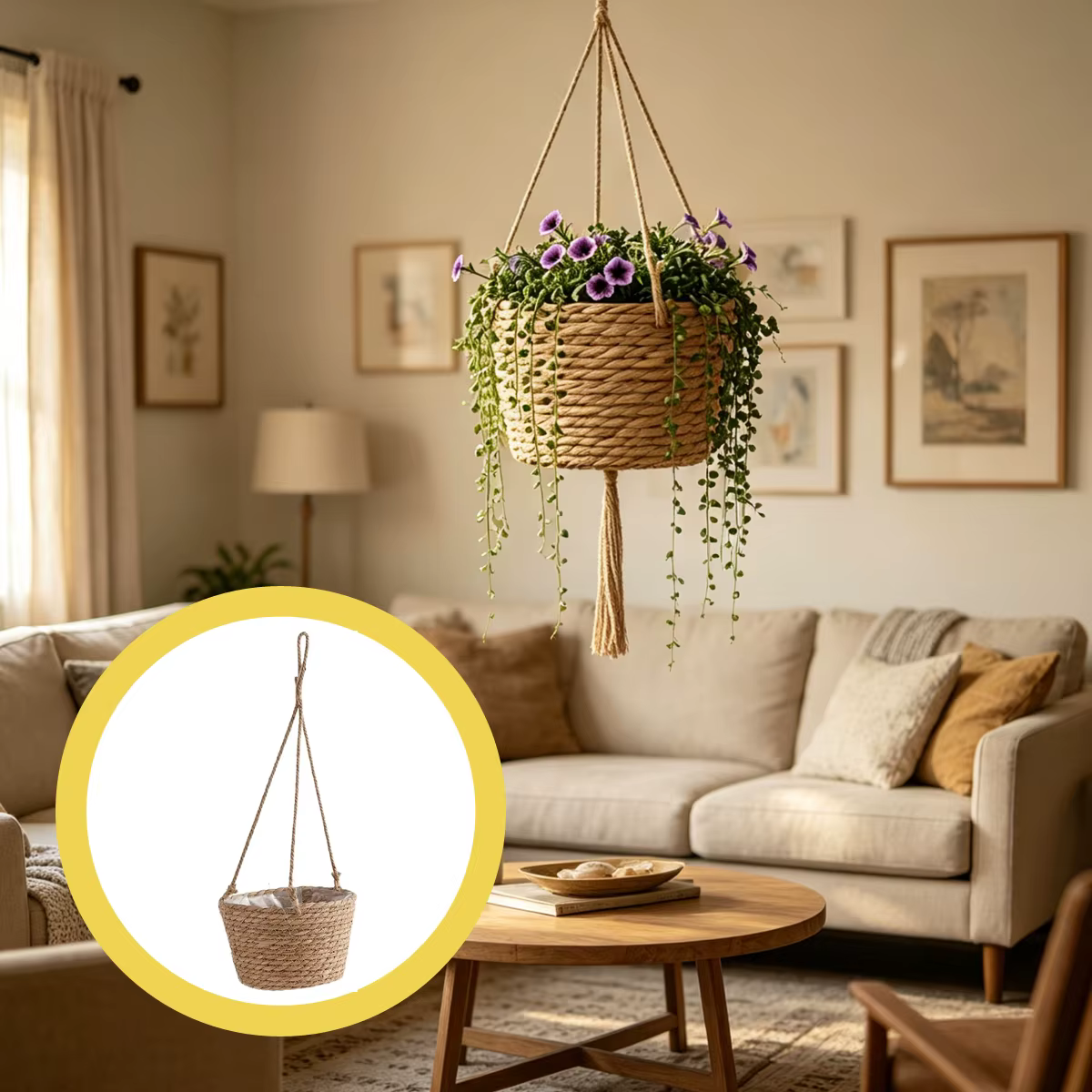 Pot de fleurs suspendu en paille pour balcon