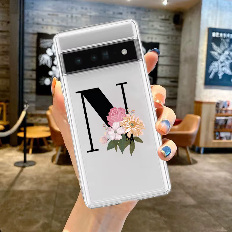 Coque de téléphone transparente en silicone souple antichoc avec lettres de fleurs S, coque pour Google Pixel 9 Pro XL 8 7 6 Pro 8A 7A snap5 4 5A 4A 3A XL 5G