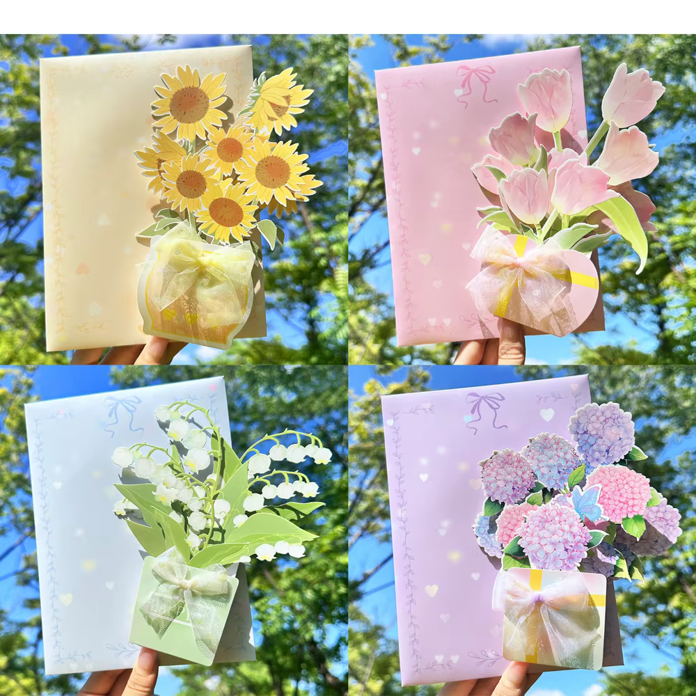 Carte 3D Fleurs Épanouies Exquises – Carte Message en Forme de Bouquet