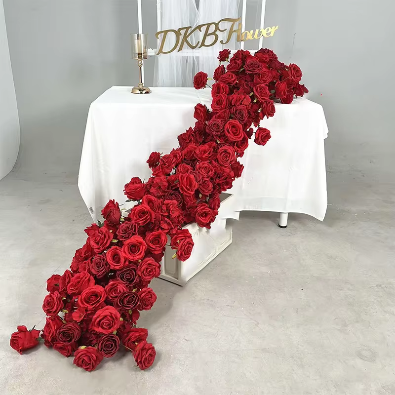 2m rose rouge plantes vertes artificielles fleur rangée coureur mariage toile de fond centre