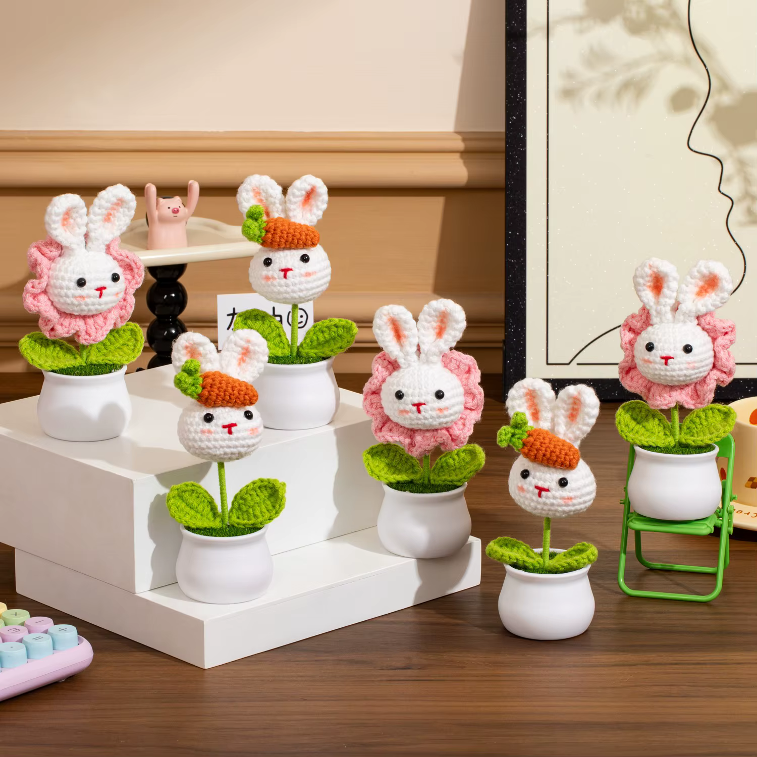 Lapin mignon tricoté fleurs en pot Animal Crochet fleur tissée