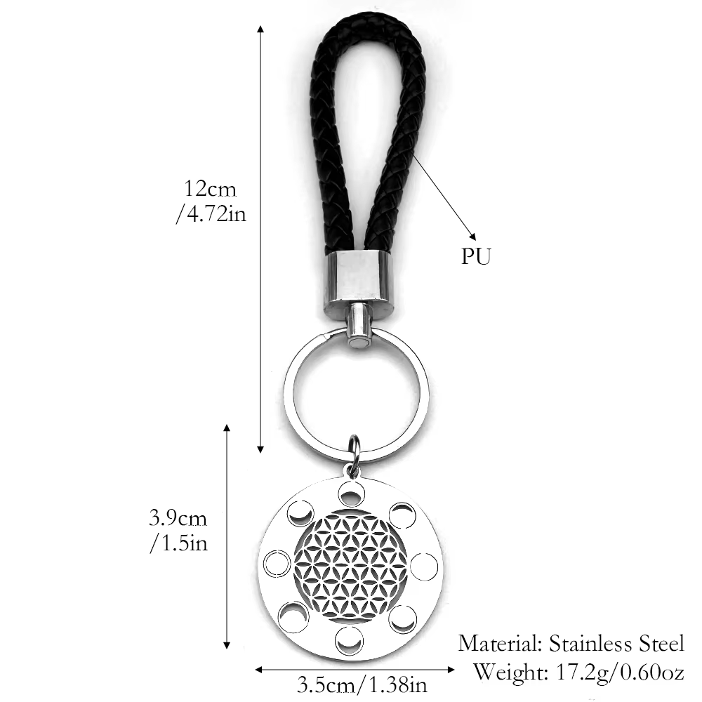 Porte-clés à géométrie sacrée fleur de vie pour femmes et hommes, en acier inoxydable, couleur argent, Phase de lune, bijoux cadeaux