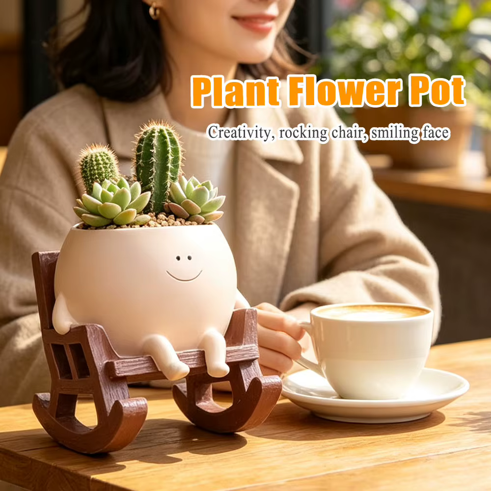 Mini Fauteuil à Bascule Visage Souriant, Pot de Plante Créatif, Jardinière Mignonne pour Intérieur, Balcon, Jardin, Cour, Décoration Florale de Grande Beauté