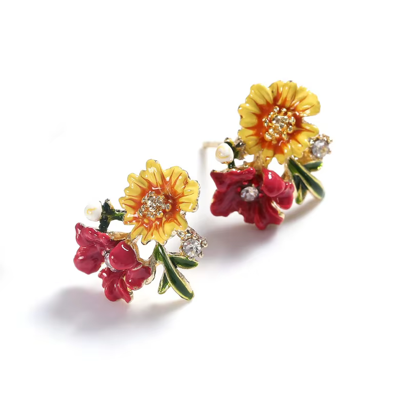 Boucles d'oreilles pour femmes, style rétro artistique, motif fleur 3D stéréo, pivoine et petite marguerite, dessinées à la main à la française avec technique de broderie à l'aiguille, effet tourbillo