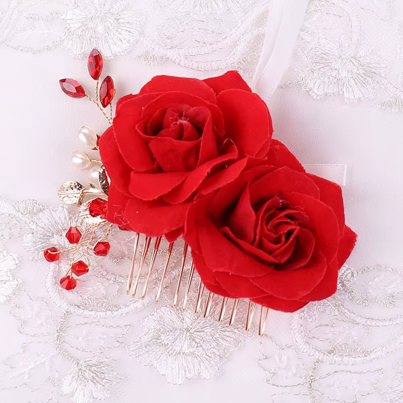 Peignes à cheveux à fleurs de Rose rouge pour femmes, bijoux de cheveux faits à la main, diadème en perles de strass rouges pour mariage, accessoires pour cheveux de mariée