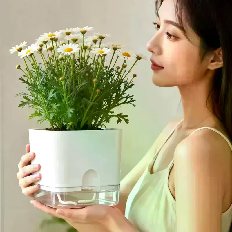 Pot de fleurs auto-arrosant blanc carré à double couche pour plantes d'intérieur et d'extérieur, balcon, jardin, décoration