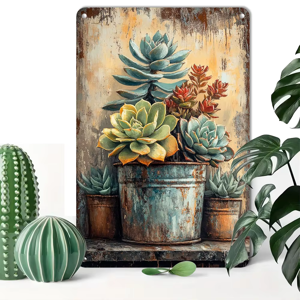Décoration murale en métal avec motif de plantes succulentes vintage – Plaque botanique rustique en étain pour le bureau