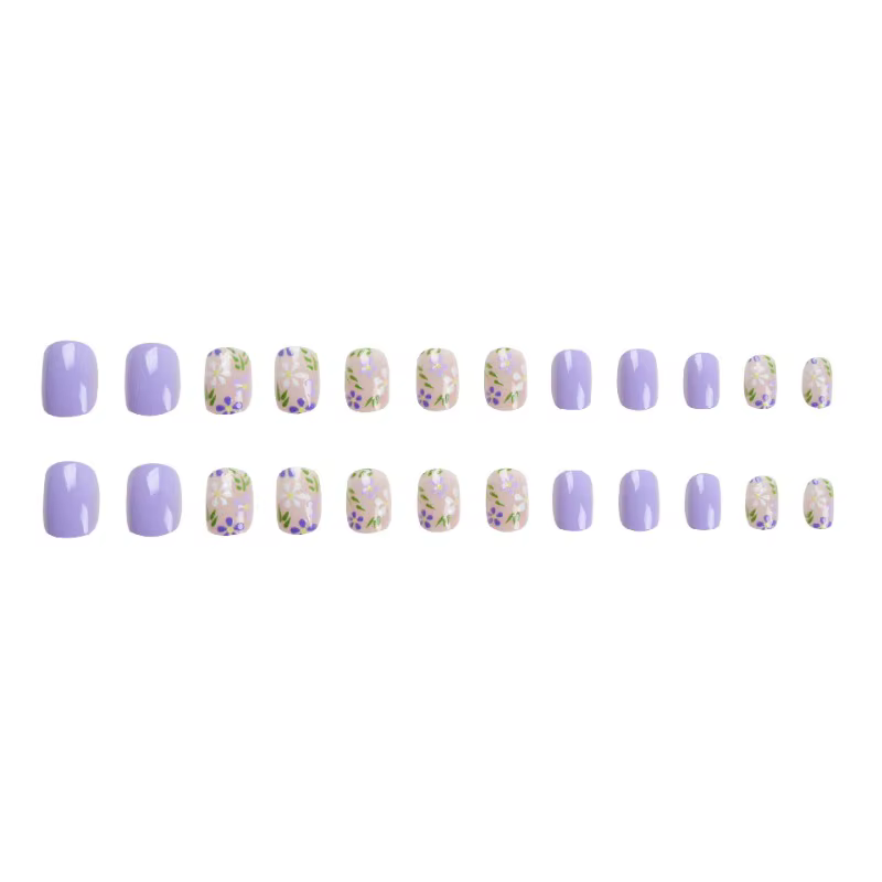 24 faux ongles à presser, motif feuilles vertes et fleurs blanches, courts, carrés ou ronds, en acrylique, à coller