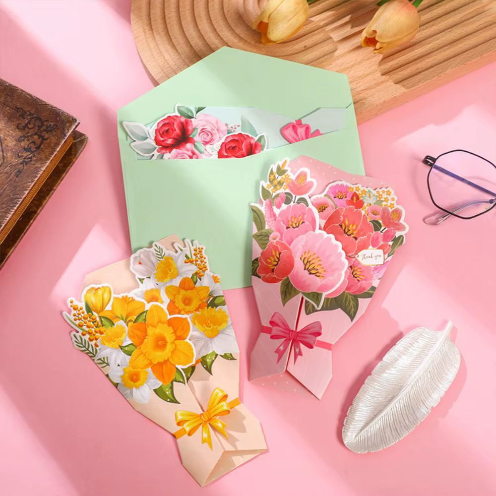Carte de vœux 3D Fleurs en papier Tournesol/Rose/Œillet
