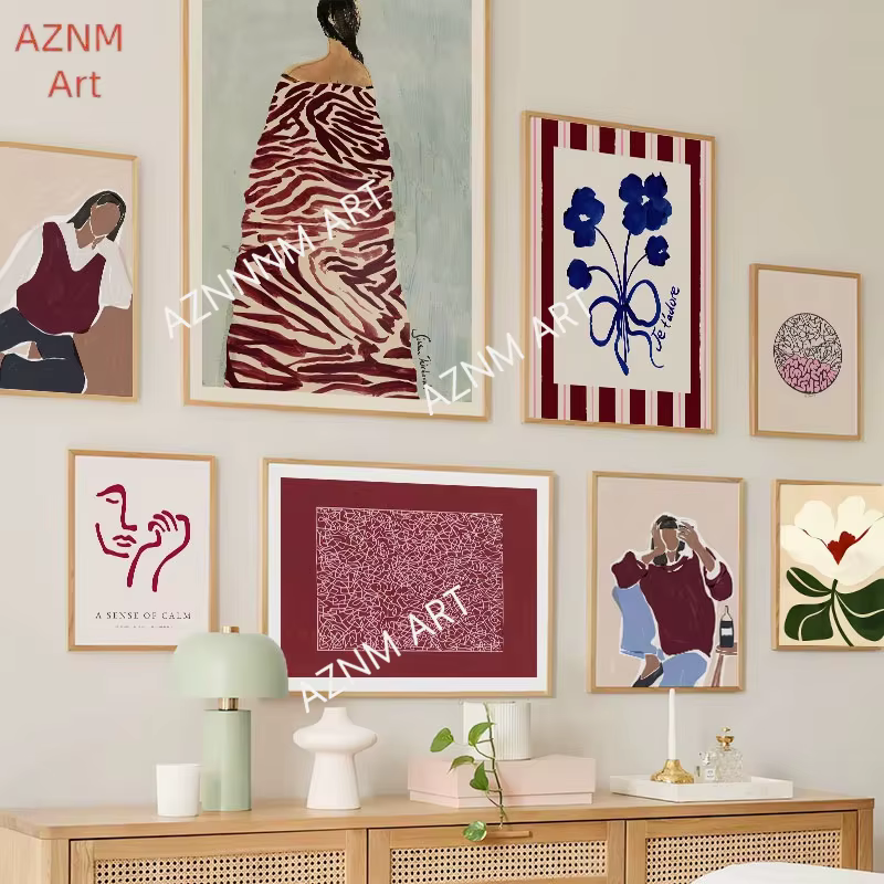 Affiches et impressions abstraites de visage de fille à rayures rouges et à fleurs