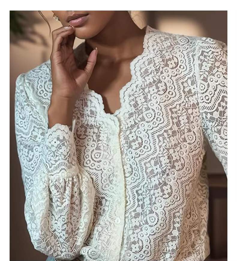 Chemisier en dentelle florale blanche élégante pour femmes, chemises Boho, manches longues, Sexy, col en V, Vintage, dames, chemise décontractée en Y