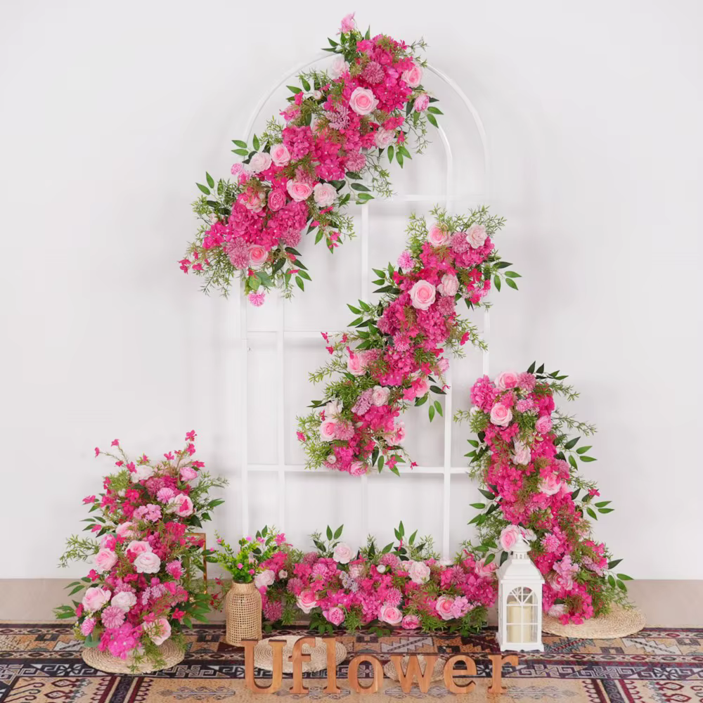 Uflower 100/200cm Guirlande de fleurs de roses rouges et d'hortensias pour centre de table