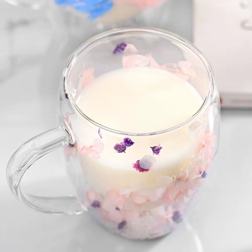 Tasse à café à double paroi de fleurs séchées, tasses en verre de fleurs séchées, tasse de fleurs créatives uniques avec poignée, tasse anti-brûlure, 350ml