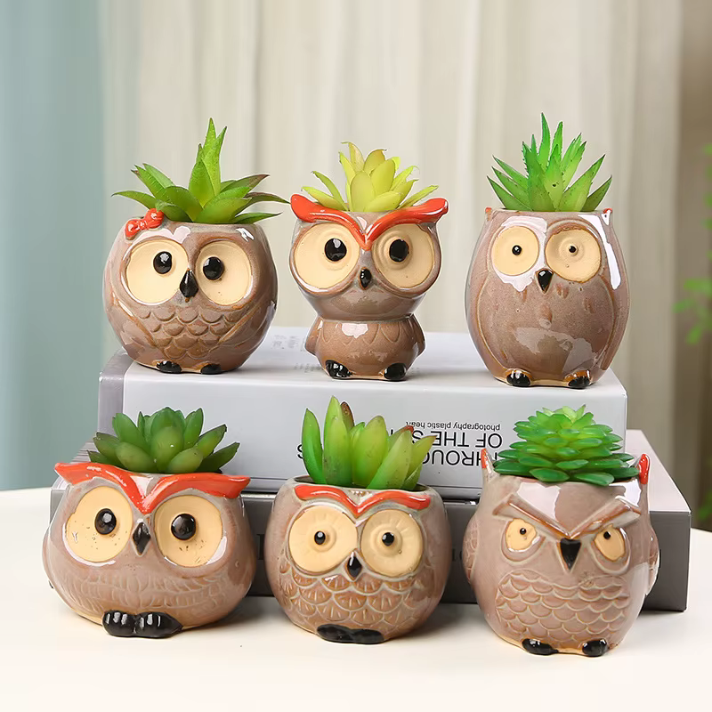 Jolie jardinière en céramique en forme de hibou pour plantes succulentes