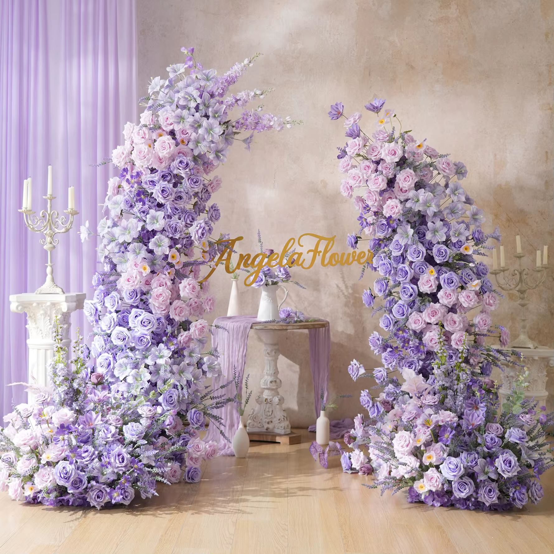 Angela fleur A9002 artificielle violet lavande Rose Arrangement Floral corne arc allée