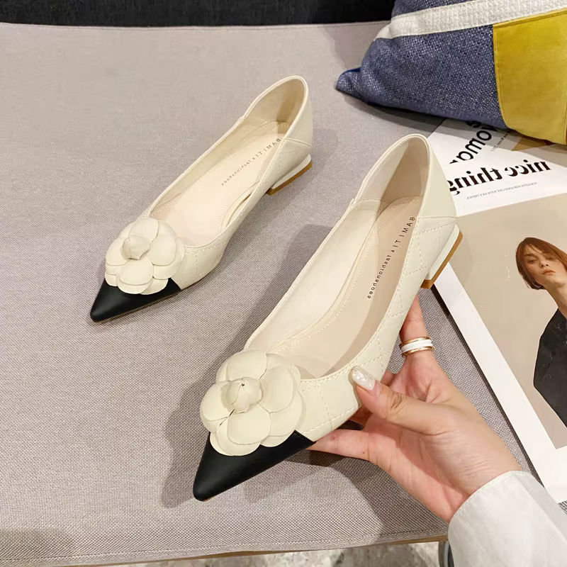 FHC-Chaussures de Travail en Cuir Souple à Talons Bas et Fleurs pour Femme, à Enfiler, peu Profondes, à Bout Jolie tu, Taille 35-40,Beige, Incent, Livraison Directe, Nouvelle Collection