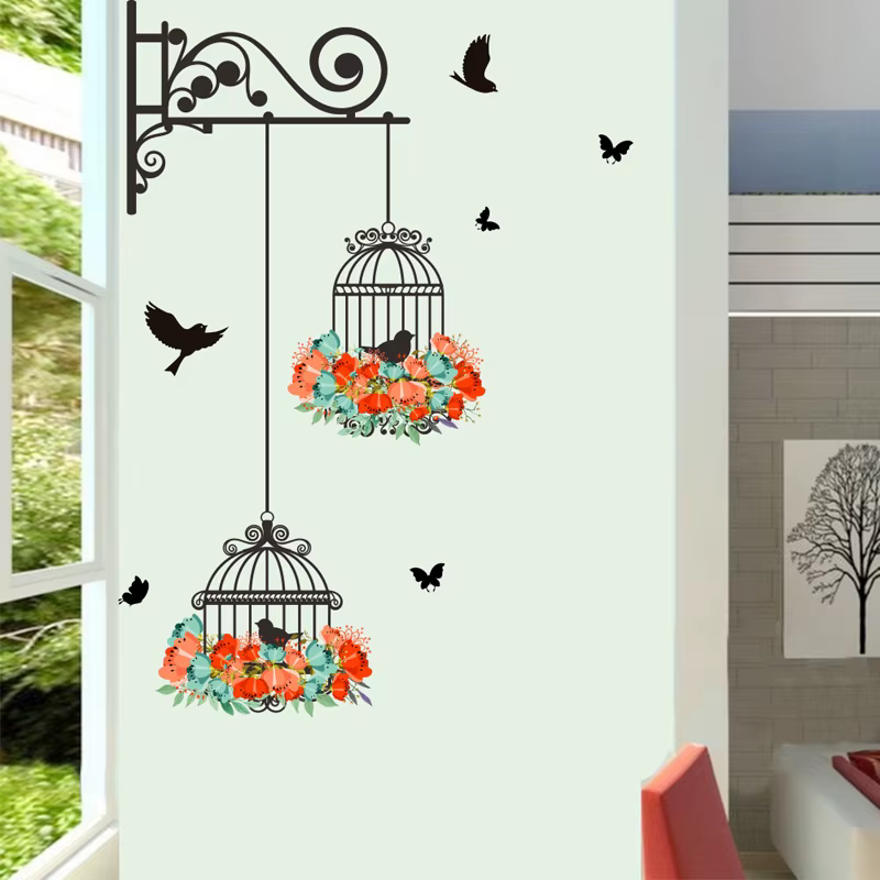 Autocollant Mural Coloré avec Cage à Oiseaux Volants