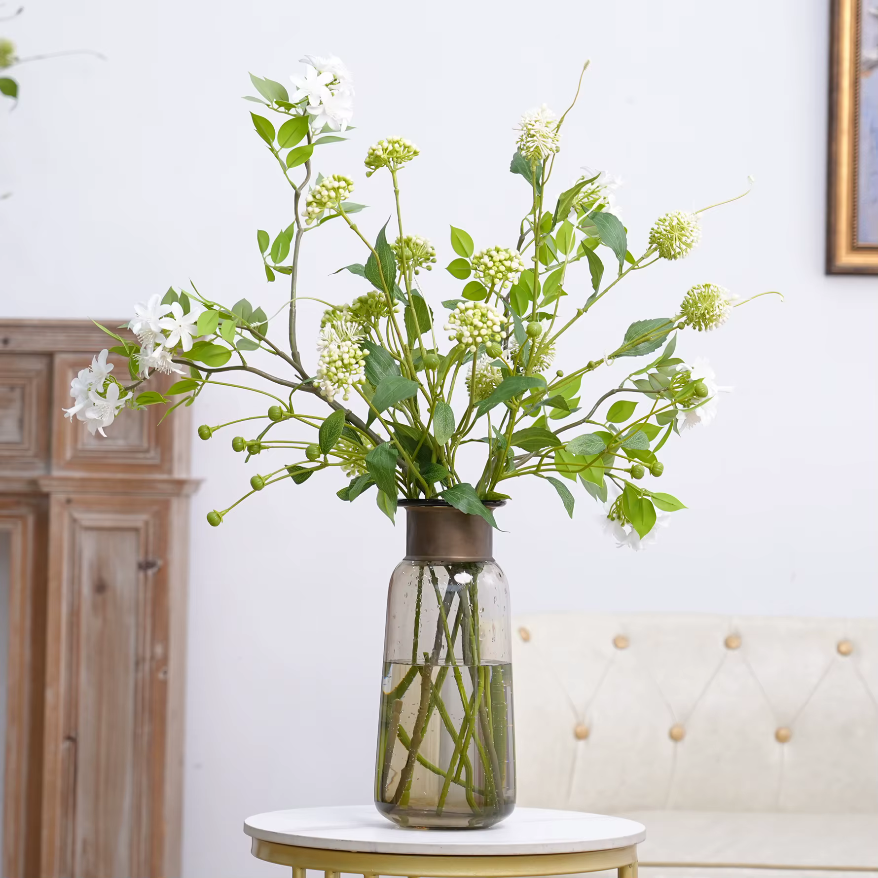 X1015 Branche Artificielle Plante Verte Chrysanthème Fleur Blanche Décoration de Table Maison Vase Composition Florale