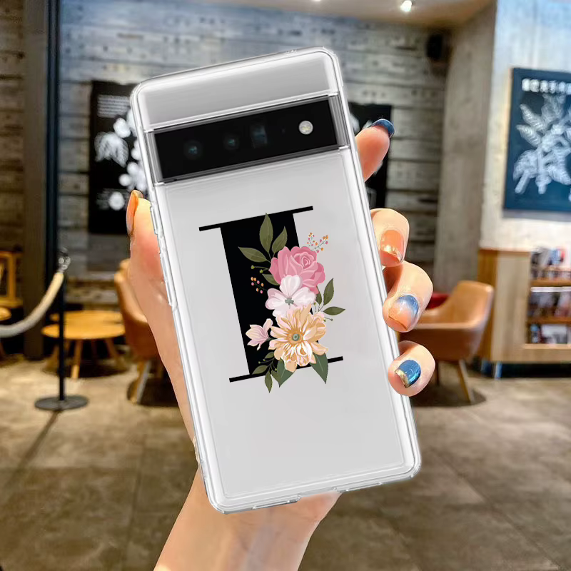 Coque de téléphone transparente en silicone souple antichoc avec lettres de fleurs S, coque pour Google Pixel 9 Pro XL 8 7 6 Pro 8A 7A snap5 4 5A 4A 3A XL 5G