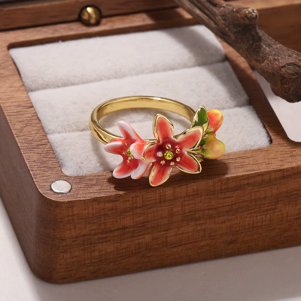 Bague Fleur de Hawthorne Émaillée Rose Plaqué Or 18K pour Femme, Bijou Vintage Tendance