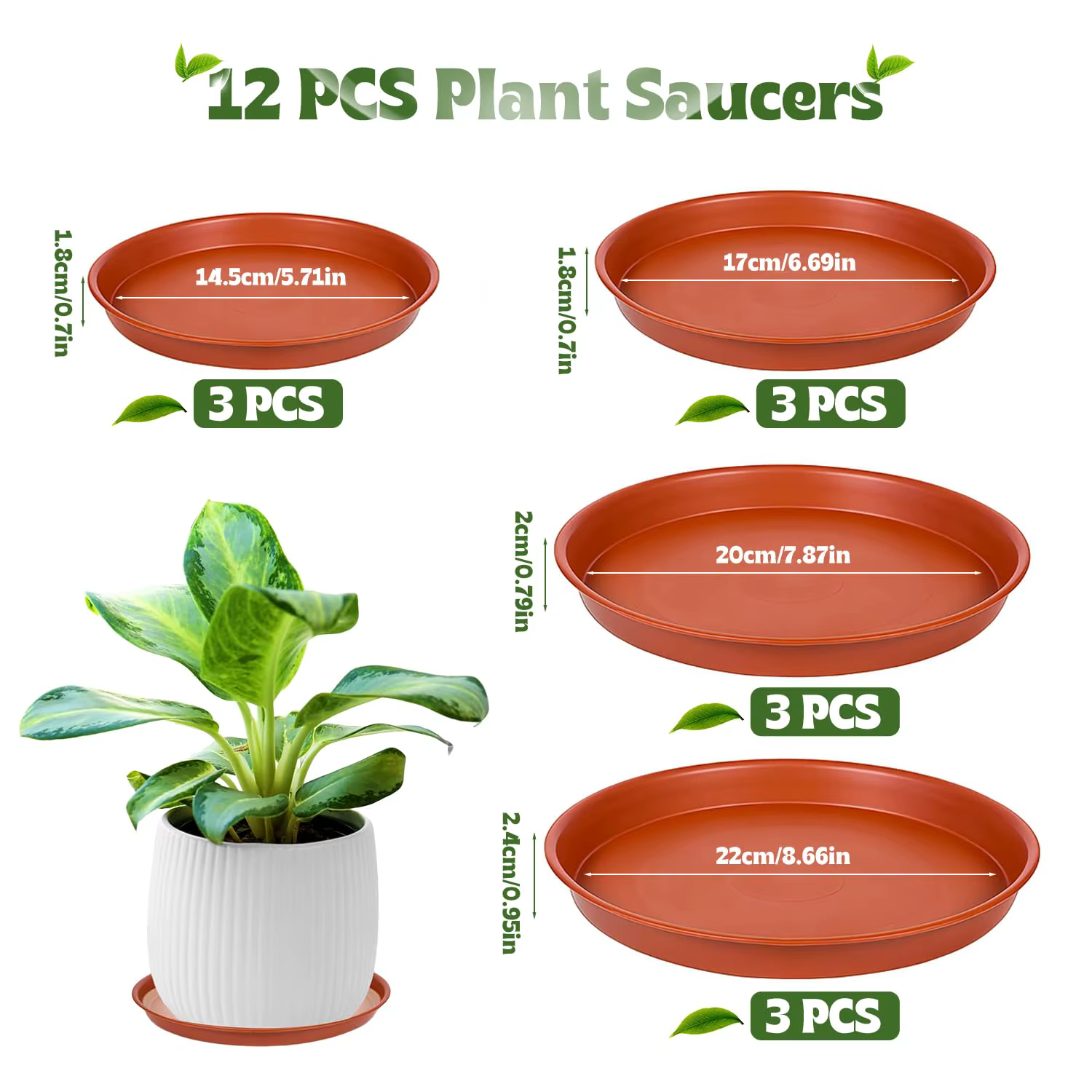 Paquet de 12 soucoupes pour pots de plantes – 4 tailles (18/22/24/26 cm) plateaux anti-goutte en plastique