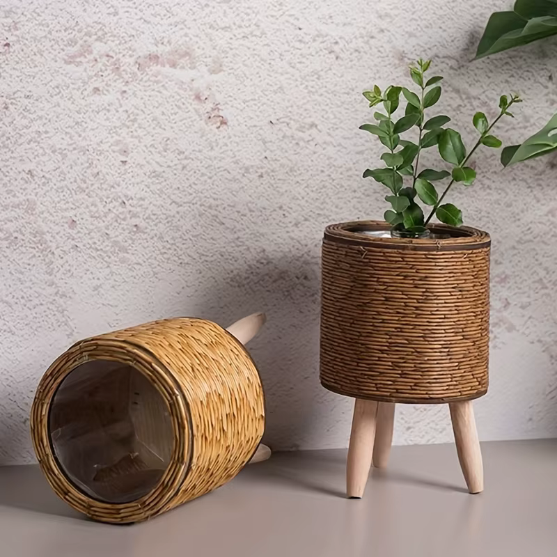 Charmante jardinière en rotin rustique avec pieds en bois