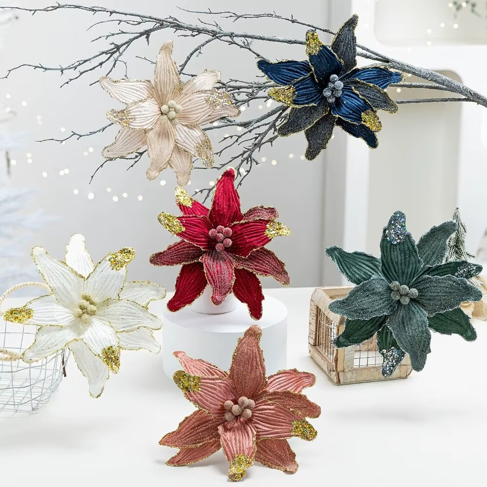 Fleur de noël artificielle en Faux velours avec paillettes
