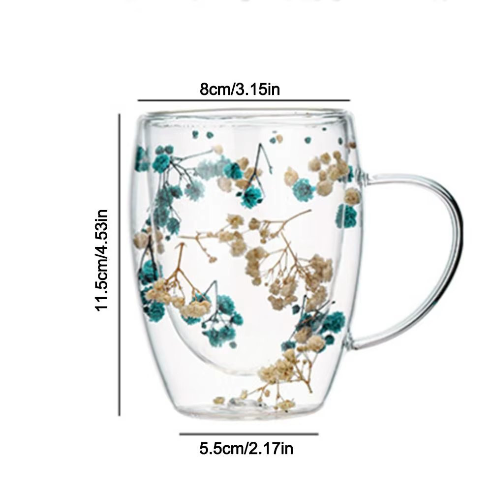 Tasse en verre à double paroi avec fleurs séchées