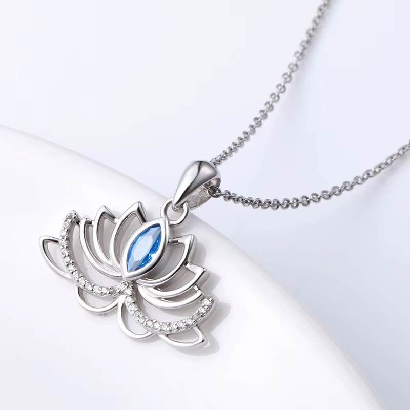Huitan – collier avec pendentif en forme de fleur de Lotus pour femme, couleur argent incrusté de bleu CZ, tendance, accessoires quotidiens pour fête de mariage, bijoux cadeau