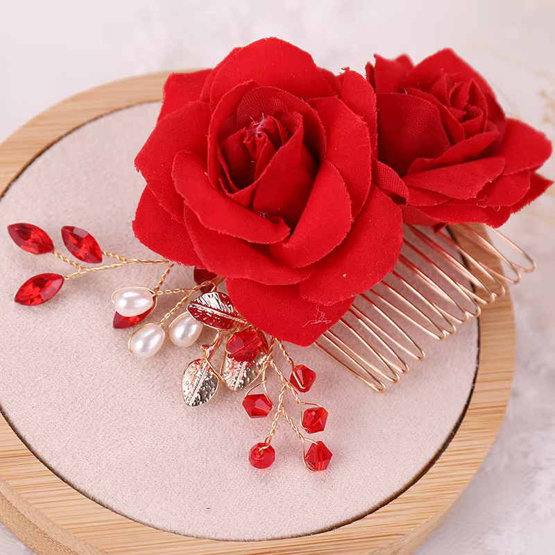 Peignes à cheveux à fleurs de Rose rouge pour femmes, bijoux de cheveux faits à la main, diadème en perles de strass rouges pour mariage, accessoires pour cheveux de mariée