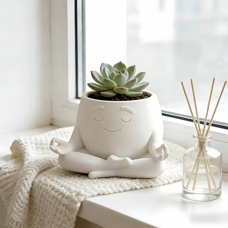 Pot à plantes en forme de visage de yoghurte imprimé en 3D - Pot à succulentes en résine blanche